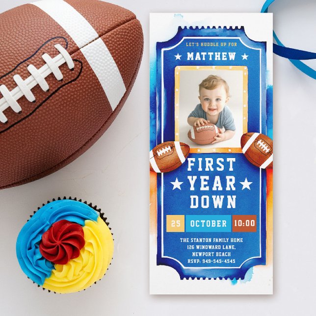 Football Ticket Photo Blue Yellow Boy 1st Birthday Invitation (first year down football birthday invitation photo watercolor sports ticket boy bright blue)