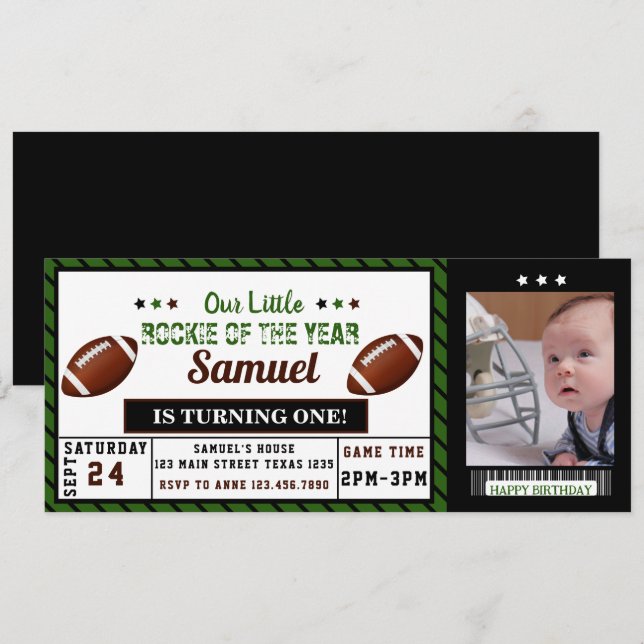 Football Ticket Rookie of The Year Birthday Photo Invitation (Front/Back)