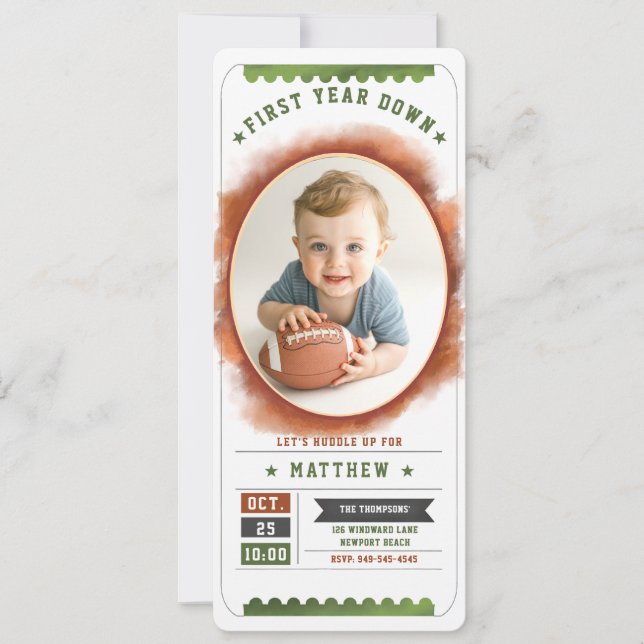 Football Ticket Sports Cute Photo Boy 1st Birthday Invitation (Front)
