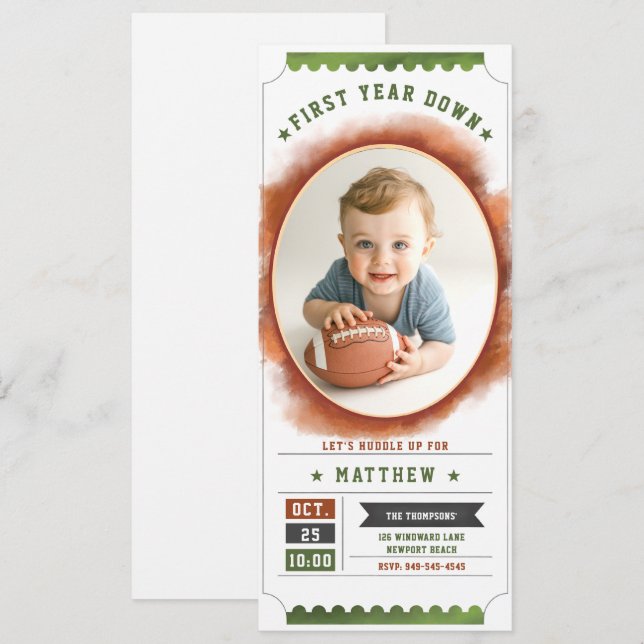 Football Ticket Sports Fun Photo Boy 1st Birthday Invitation (Front/Back)
