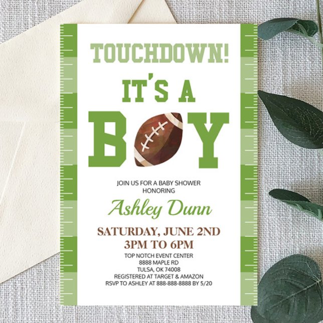 Football Touchdown It's A Boy Green Baby Shower Invitation (Creator Uploaded)