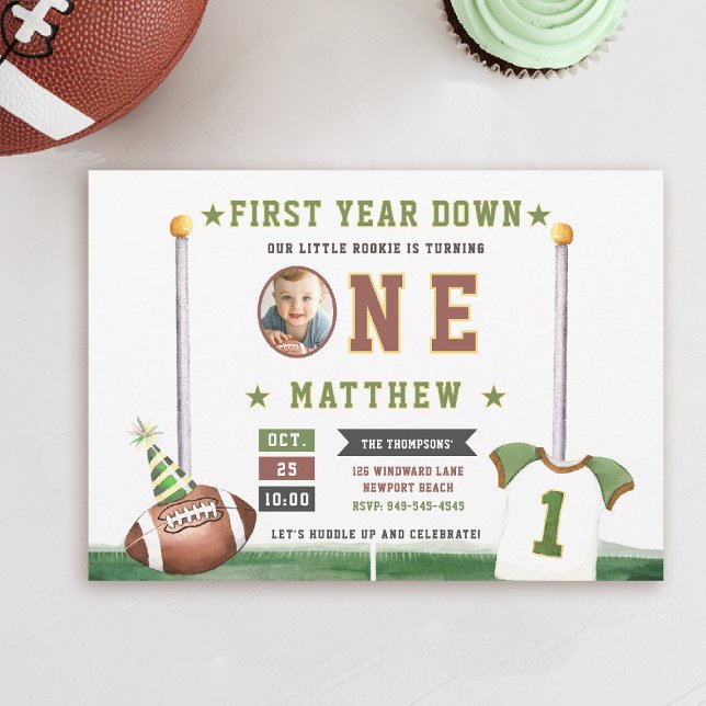 Football Touchdown Photo Cute Boy 1st Birthday Invitation (first year down football touchdown birthday invitation photo sports boy 1st party cute)