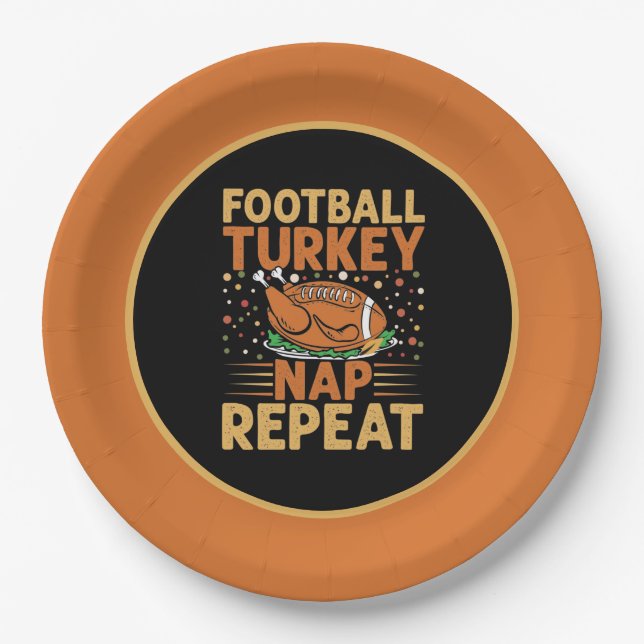 Football turkey nap repeat word art Thanksgiving  Paper Plate (Front)