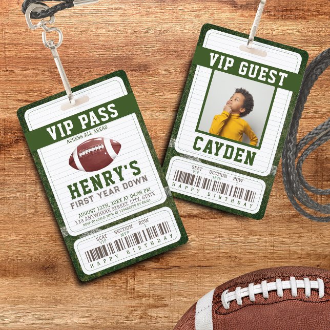 Football Vip Pass Guest Photo birthday ID Badge (Personalized birthday invitation inspired by football - theme: First year down)