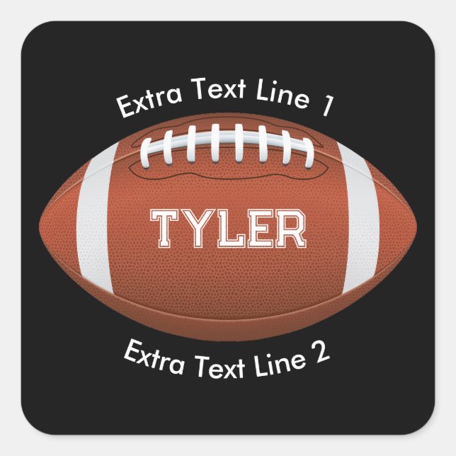 Football, White Name, 2 Text Lines on Black Square Sticker (Front)