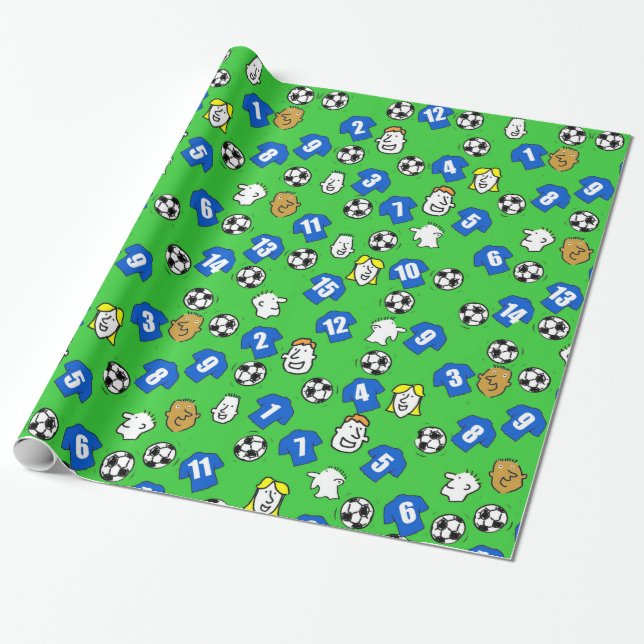 Footballs, Blue Shirts, & Fans Wrapping Paper (Unrolled)