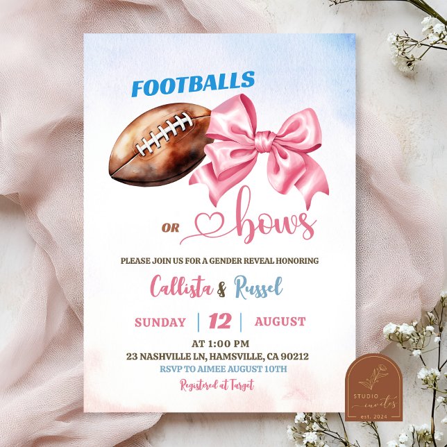 Footballs or Bows Gender Reveal Invitation (Creator Uploaded)