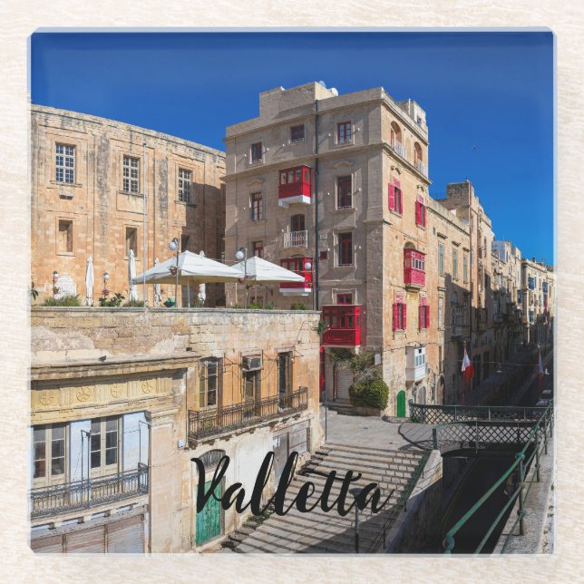Footbridge, narrow street with stairs in Valletta Glass Coaster (Front)