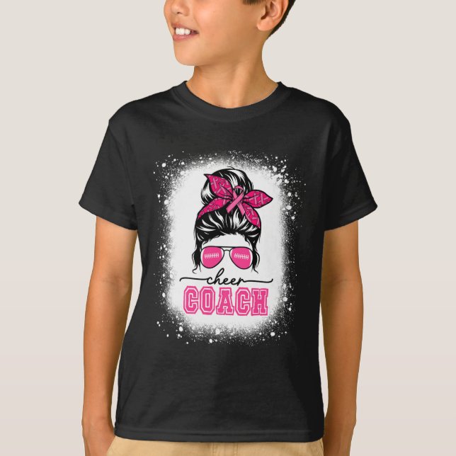 Footll Messy Bun Mum Cheer Coach Breast Cancer Ble T-Shirt (Front)