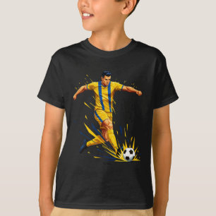Footll Soccer Dribbling In The Rain Yellow Blue T-Shirt