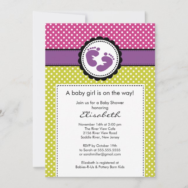Footprint Baby Shower Invitation Purple Polka Dots (Front)