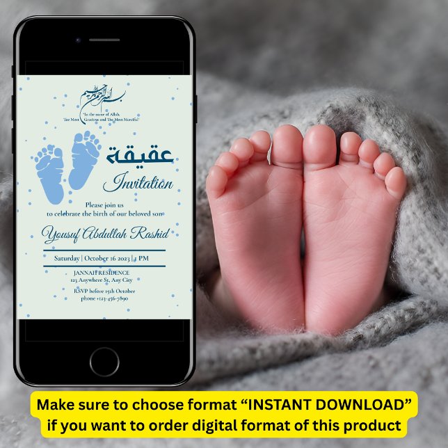 Footprint Newborn Baby Boy Muslim Aqiqah Aqeeqa Invitation (Creator Uploaded)