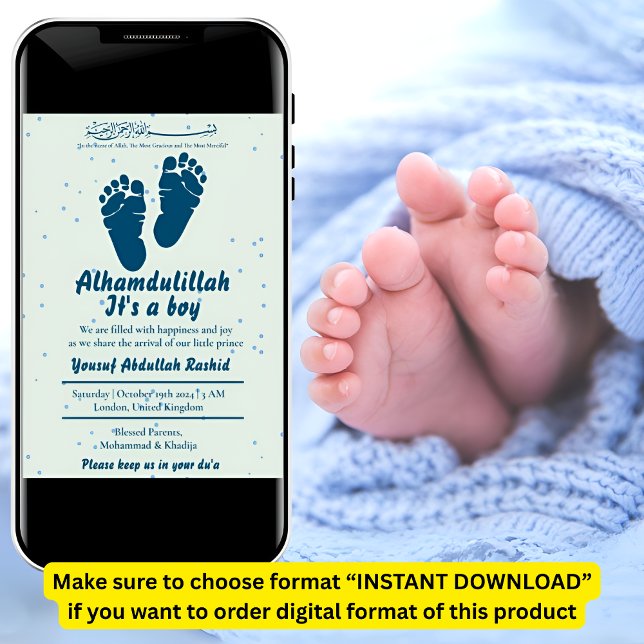 Footprint Newborn Baby Boy Muslim Birth Announceme Invitation (Creator Uploaded)