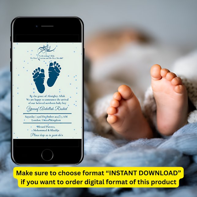 Footprint Newborn Baby Boy Muslim Birth Announceme Invitation (Creator Uploaded)
