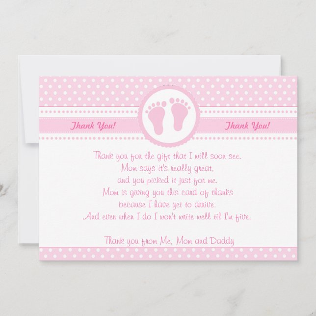 Footprints Girl Baby Shower Thank You Card Pink (Front)