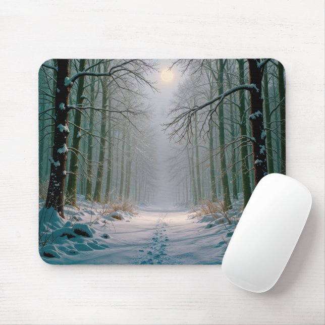 Footprints In a Snowy Forest Lit By Moonlight Mouse Mat (With Mouse)