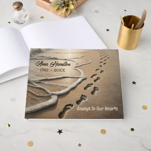 Footprints In Beach Sand For Memorial Service Guest Book (Front Open)