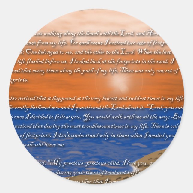 Footprints in the Sand Poem Classic Round Sticker (Front)