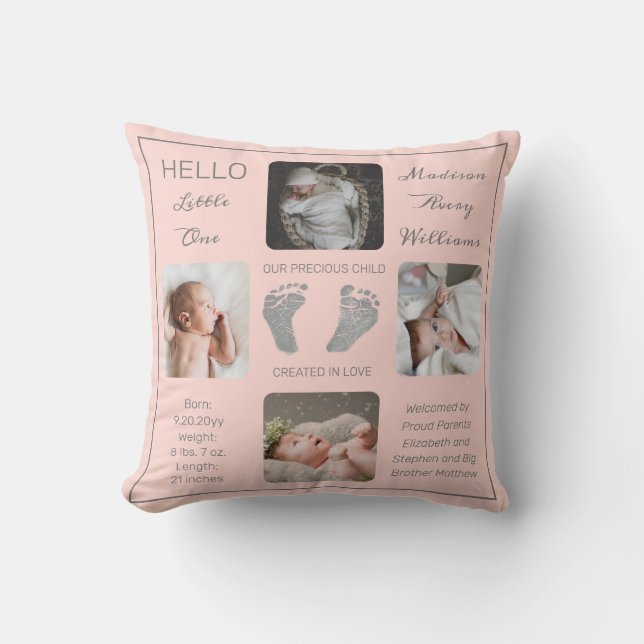 Footprints Multiple Photo Blush Birth Keepsake  Cushion (Front)