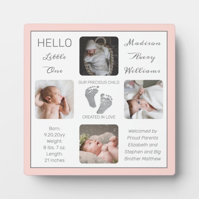 Footprints Multiple Photo Blush Birth Keepsake Plaque (Front)