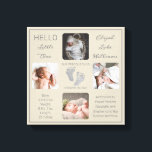 Footprints Multiple Photo Greige Birth Keepsake Canvas Print<br><div class="desc">Create a birth keepsake that is as unique as your precious child with this "Hello Little One" four photo design featuring your baby's name, birth statistics, parents and siblings' names. In the centre are two template lines for your personal message or you can use ours. This messaging is on top...</div>