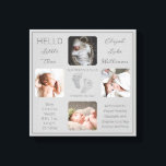 Footprints Multiple Photo Grey Birth Keepsake Canvas Print<br><div class="desc">Create a birth keepsake that is as unique as your precious child with this "Hello Little One" four photo design featuring your baby's name, birth statistics, parents and siblings' names. In the centre are two template lines for your personal message or you can use ours. This messaging is on top...</div>