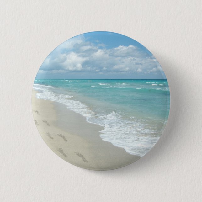 Footprints on White Sandy Beach, Scenic Aqua Blue 6 Cm Round Badge (Front)