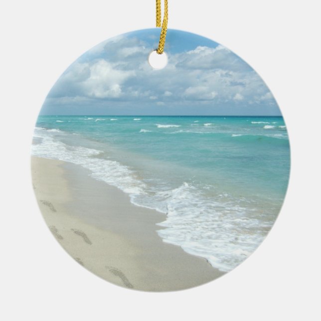 Footprints on White Sandy Beach, Scenic Aqua Blue Ceramic Tree Decoration (Front)