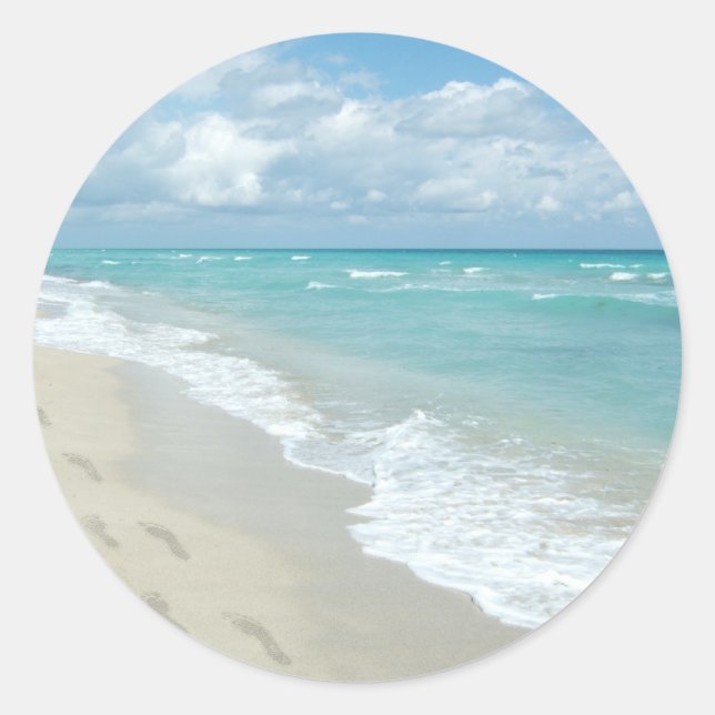 Footprints on White Sandy Beach, Scenic Aqua Blue Classic Round Sticker (Front)