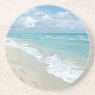 Footprints on White Sandy Beach, Scenic Aqua Blue Coaster