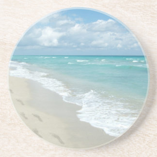 Footprints on White Sandy Beach, Scenic Aqua Blue Coaster