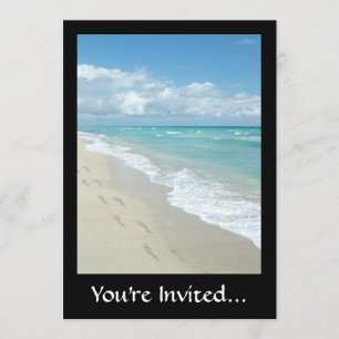 Footprints on White Sandy Beach, Scenic Aqua Blue Invitation