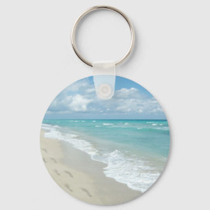 Footprints on White Sandy Beach, Scenic Aqua Blue Key Ring