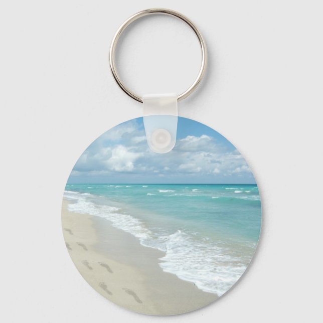 Footprints on White Sandy Beach, Scenic Aqua Blue Key Ring (Front)