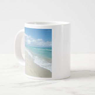Footprints on White Sandy Beach, Scenic Aqua Blue Large Coffee Mug