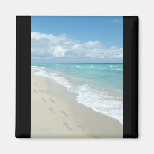 Footprints on White Sandy Beach, Scenic Aqua Blue Magnet (Front)