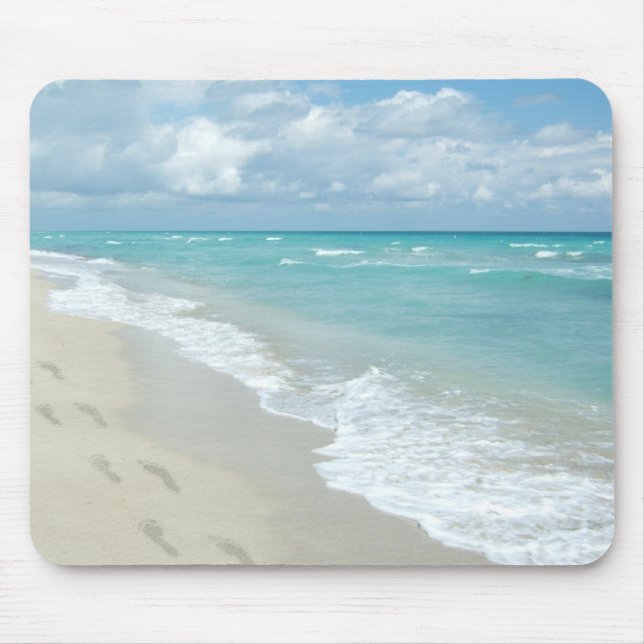Footprints on White Sandy Beach, Scenic Aqua Blue Mouse Mat (Front)