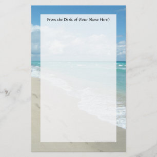 Footprints on White Sandy Beach, Scenic Aqua Blue Stationery