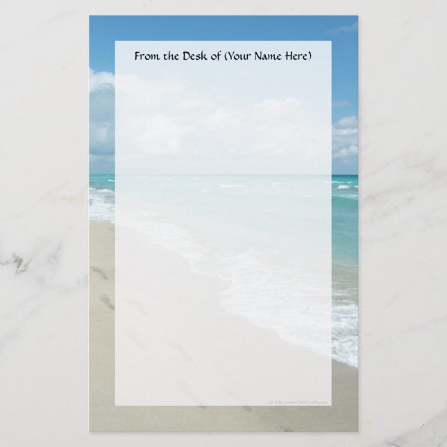 Footprints on White Sandy Beach, Scenic Aqua Blue Stationery (Front)