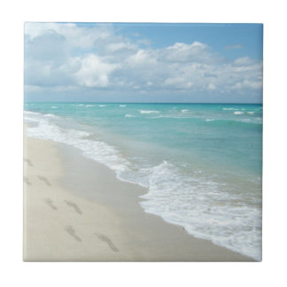 Footprints on White Sandy Beach, Scenic Aqua Blue Tile