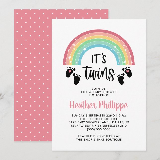 Footprints Rainbow Pink Girl Twins Baby Shower Invitation (Front/Back)