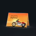 For a boyfriend, Motorcycle sunset birthday Card<br><div class="desc">A motorbike similar to a Harley standing by the sea with a glorious orange sunset. A great card for anybody who likes biking and motorcycles.See the whole range of cards for ages and relationships in my store. All artwork copyright Norma Cornes</div>