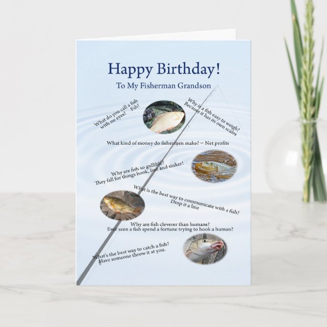 For a grandson, Fishing jokes birthday card (Front)