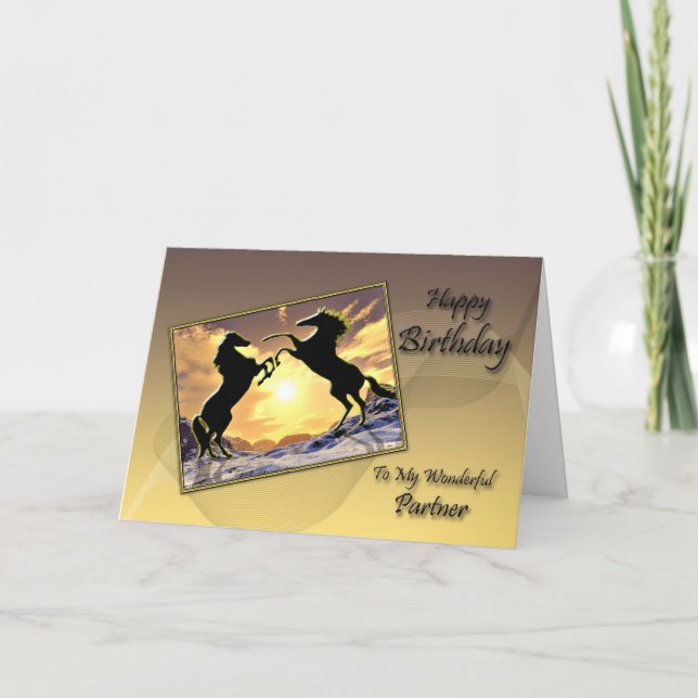 For a partner, a Birthday card with rearing horses (Front)