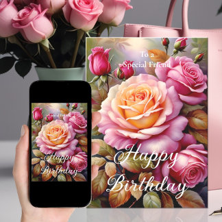 For a Special Friend Pink Yellow Roses Birthday Card