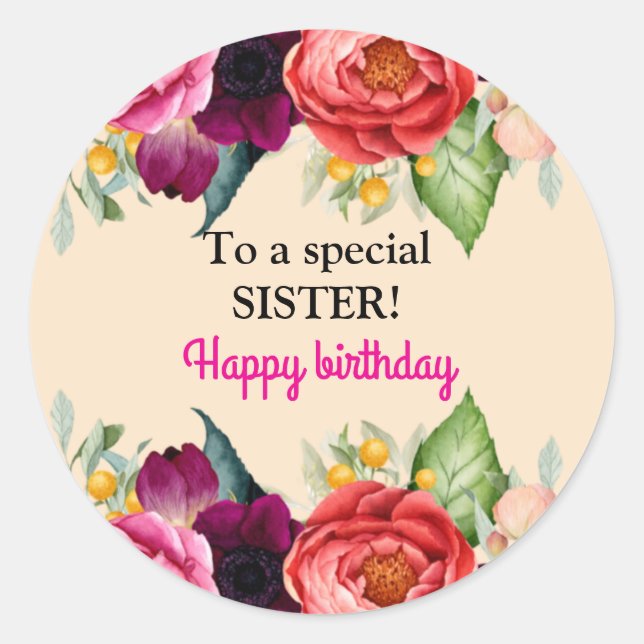 For a Special Sister Pink Red Roses Birthday Classic Round Sticker (Front)