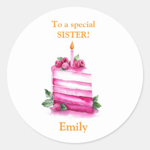 For a Special Sister Pink Yellow cake Birthday Classic Round Sticker