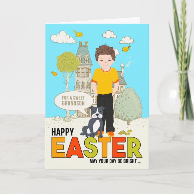 for a Young Grandson on Easter Caucasian Boy Dog Card (Front)