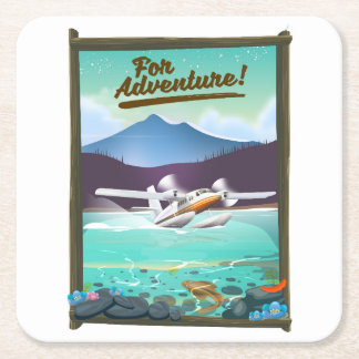 For Adventure! Sea plane travel poster Square Paper Coaster