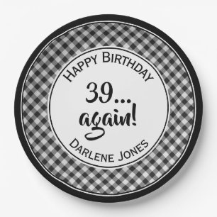 For All Ages Birthday Black Gingham Checks Pattern Paper Plate